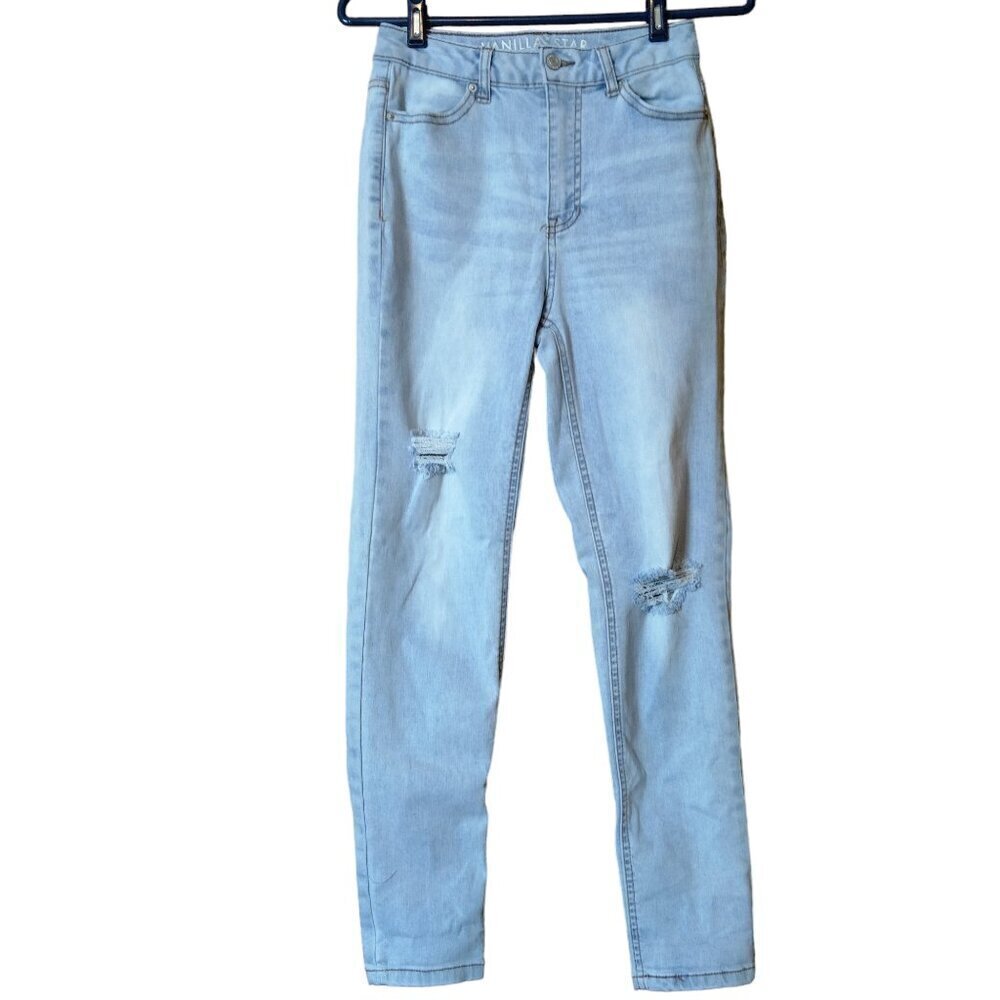 Vanilla Star Juniors Size 1 Mom Jean High Rise Tapered Distressed Denim Light